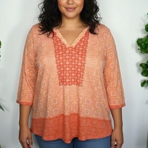 LUCKY BRAND Boho Tapestry Floral Print V Neck Popover 3/4 Shirt